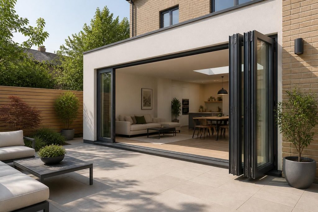 Modern home exterior with a newly installed aluminium bifolding door.